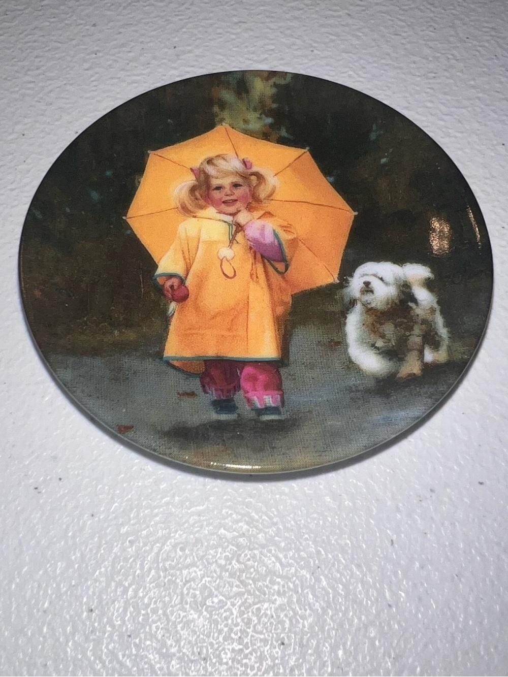 Yellow Umbrella Girl Decorative Wall Plate - Classic Rainy Day Illustration